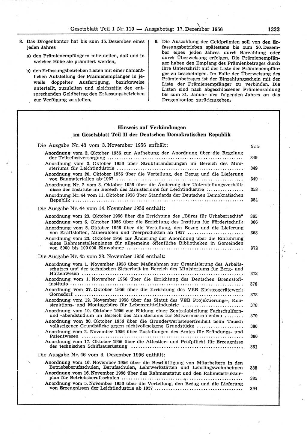 Gesetzblatt (GBl.) der Deutschen Demokratischen Republik (DDR) Teil Ⅰ 1956, Seite 1333 (GBl. DDR Ⅰ 1956, S. 1333)