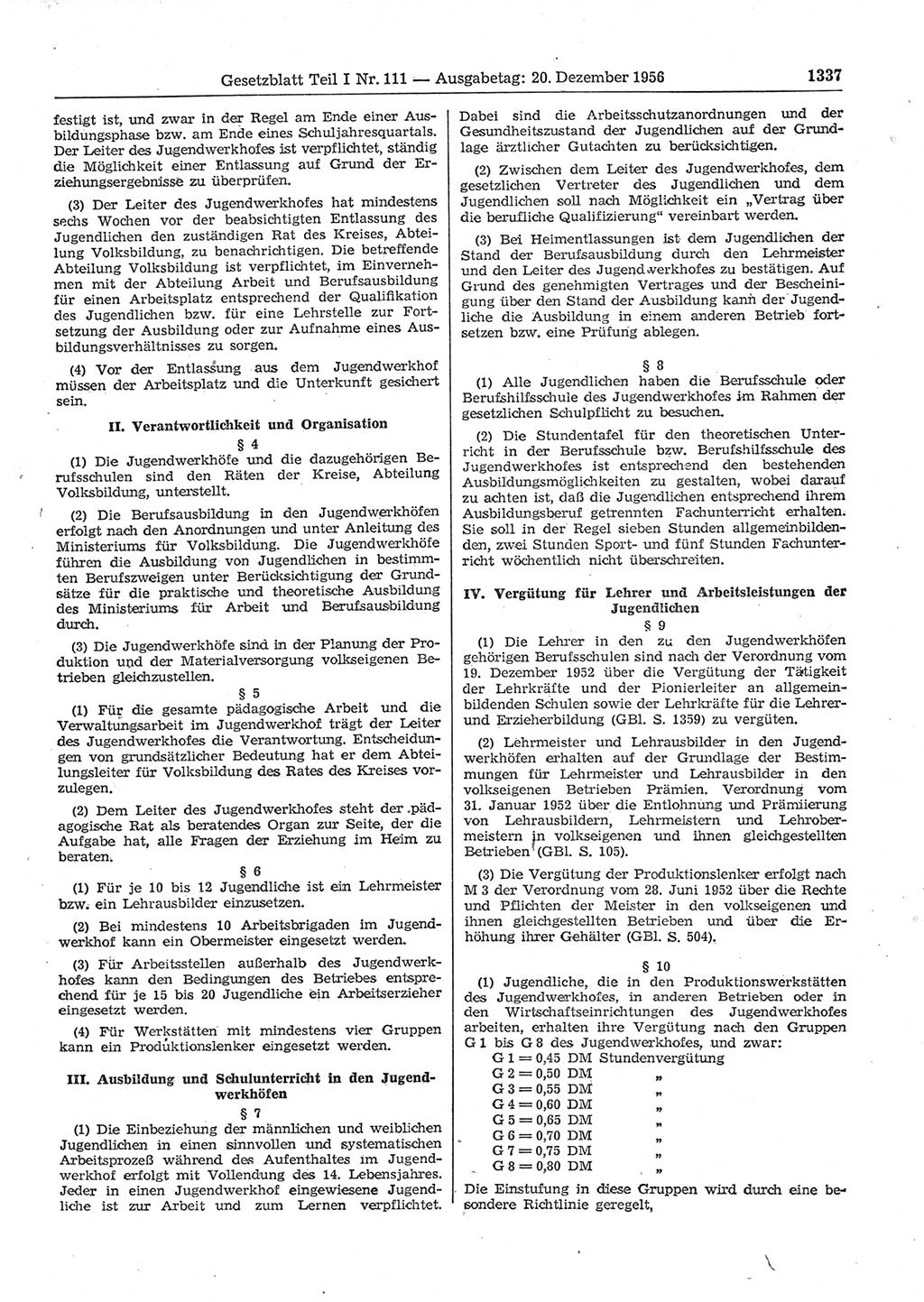 Gesetzblatt (GBl.) der Deutschen Demokratischen Republik (DDR) Teil Ⅰ 1956, Seite 1337 (GBl. DDR Ⅰ 1956, S. 1337)