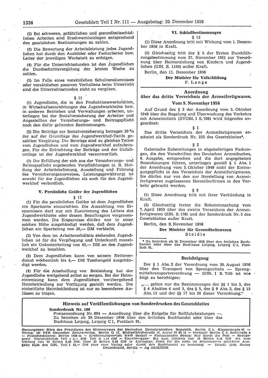 Gesetzblatt (GBl.) der Deutschen Demokratischen Republik (DDR) Teil Ⅰ 1956, Seite 1338 (GBl. DDR Ⅰ 1956, S. 1338)