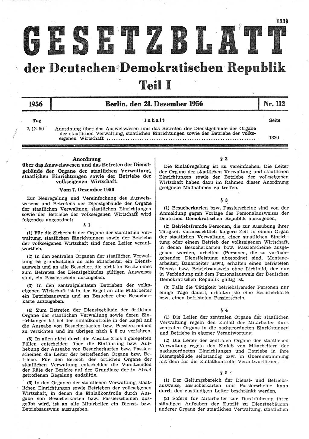 Gesetzblatt (GBl.) der Deutschen Demokratischen Republik (DDR) Teil Ⅰ 1956, Seite 1339 (GBl. DDR Ⅰ 1956, S. 1339)