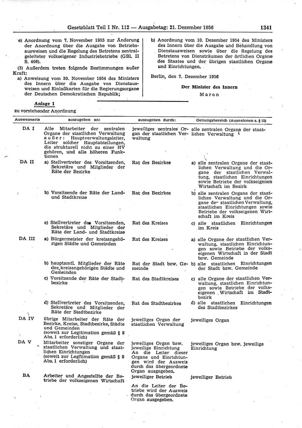 Gesetzblatt (GBl.) der Deutschen Demokratischen Republik (DDR) Teil Ⅰ 1956, Seite 1341 (GBl. DDR Ⅰ 1956, S. 1341)