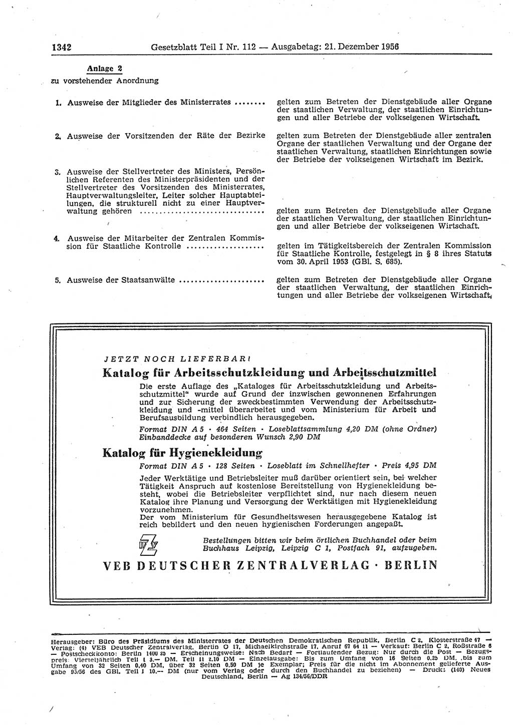 Gesetzblatt (GBl.) der Deutschen Demokratischen Republik (DDR) Teil Ⅰ 1956, Seite 1342 (GBl. DDR Ⅰ 1956, S. 1342)