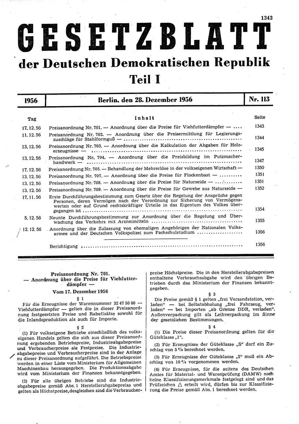 Gesetzblatt (GBl.) der Deutschen Demokratischen Republik (DDR) Teil Ⅰ 1956, Seite 1343 (GBl. DDR Ⅰ 1956, S. 1343)