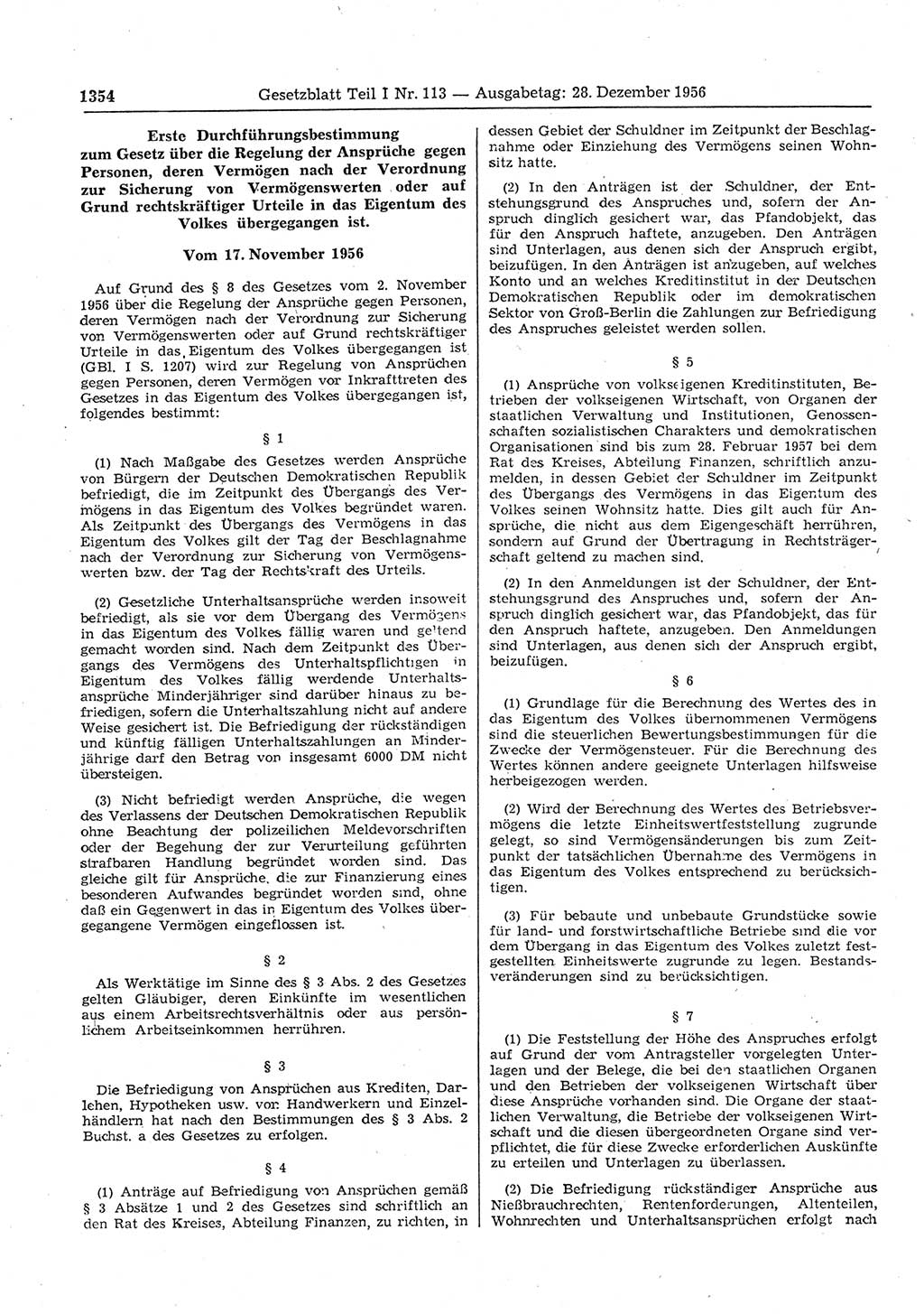 Gesetzblatt (GBl.) der Deutschen Demokratischen Republik (DDR) Teil Ⅰ 1956, Seite 1354 (GBl. DDR Ⅰ 1956, S. 1354)