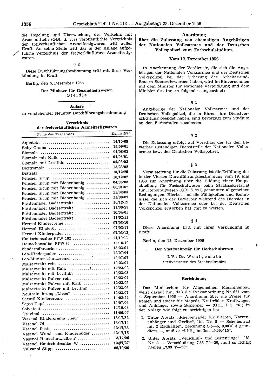 Gesetzblatt (GBl.) der Deutschen Demokratischen Republik (DDR) Teil Ⅰ 1956, Seite 1356 (GBl. DDR Ⅰ 1956, S. 1356)
