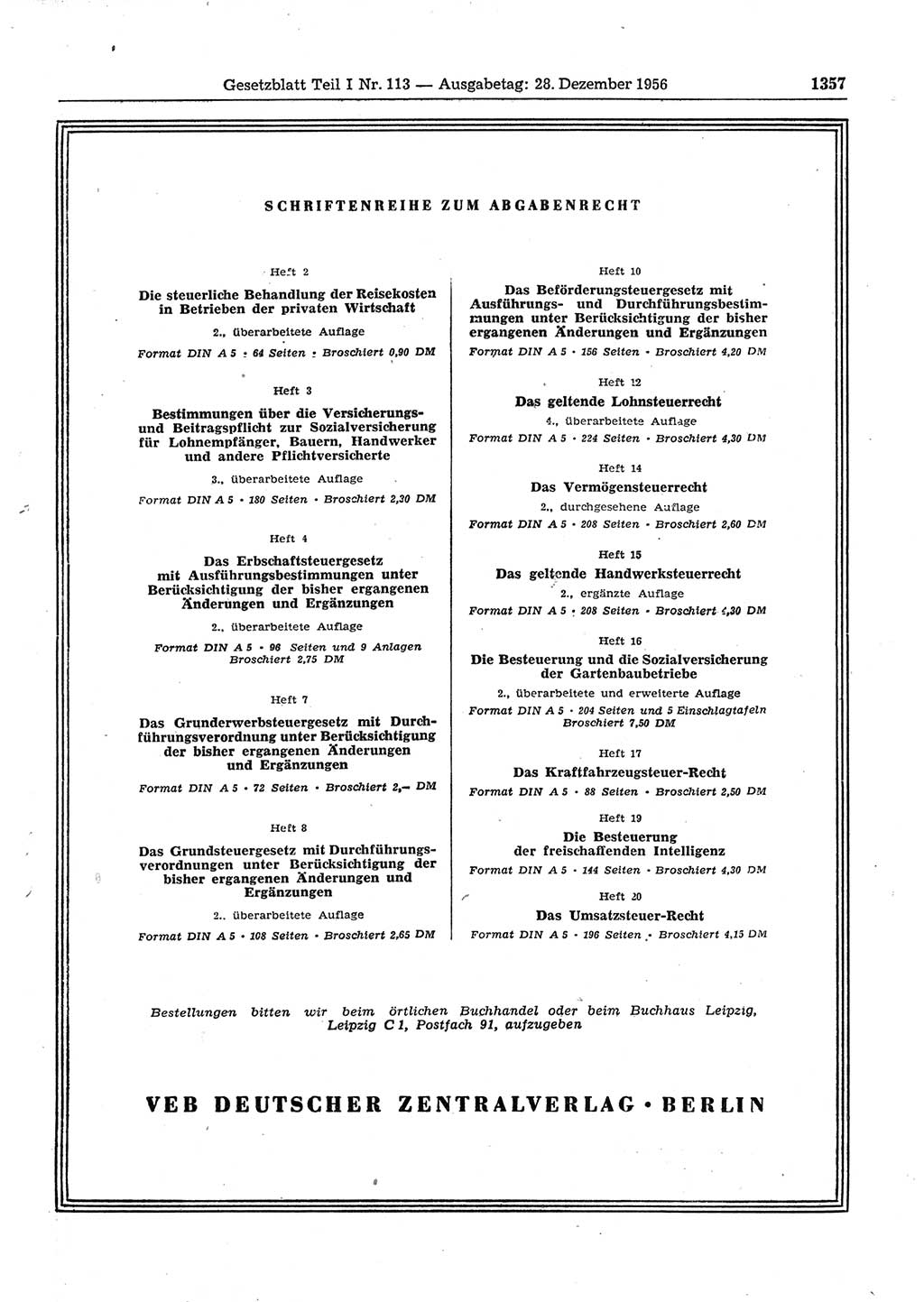 Gesetzblatt (GBl.) der Deutschen Demokratischen Republik (DDR) Teil Ⅰ 1956, Seite 1357 (GBl. DDR Ⅰ 1956, S. 1357)