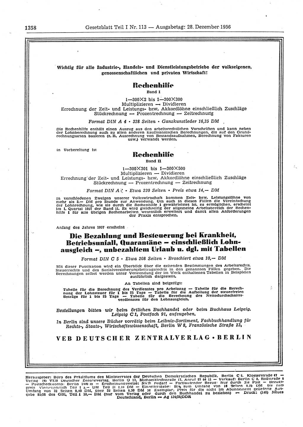 Gesetzblatt (GBl.) der Deutschen Demokratischen Republik (DDR) Teil Ⅰ 1956, Seite 1358 (GBl. DDR Ⅰ 1956, S. 1358)