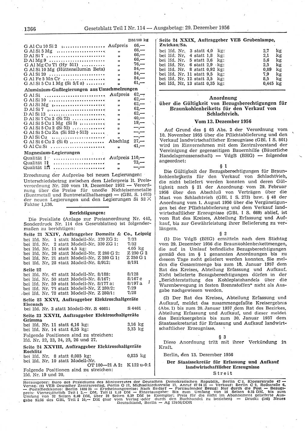 Gesetzblatt (GBl.) der Deutschen Demokratischen Republik (DDR) Teil Ⅰ 1956, Seite 1366 (GBl. DDR Ⅰ 1956, S. 1366)