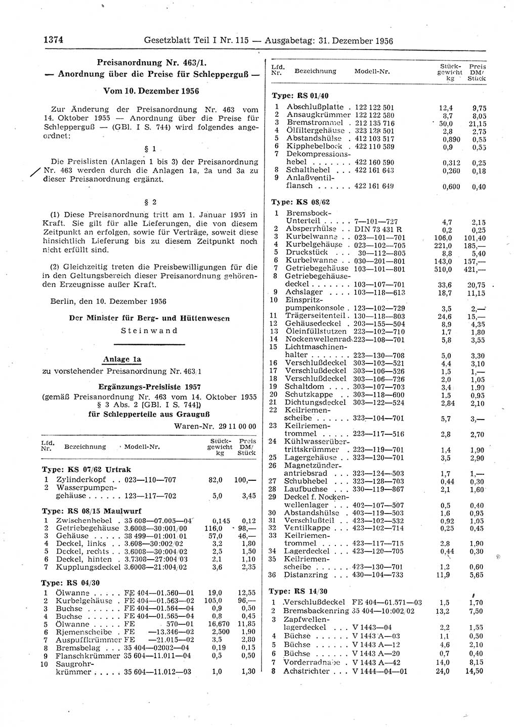 Gesetzblatt (GBl.) der Deutschen Demokratischen Republik (DDR) Teil Ⅰ 1956, Seite 1374 (GBl. DDR Ⅰ 1956, S. 1374)