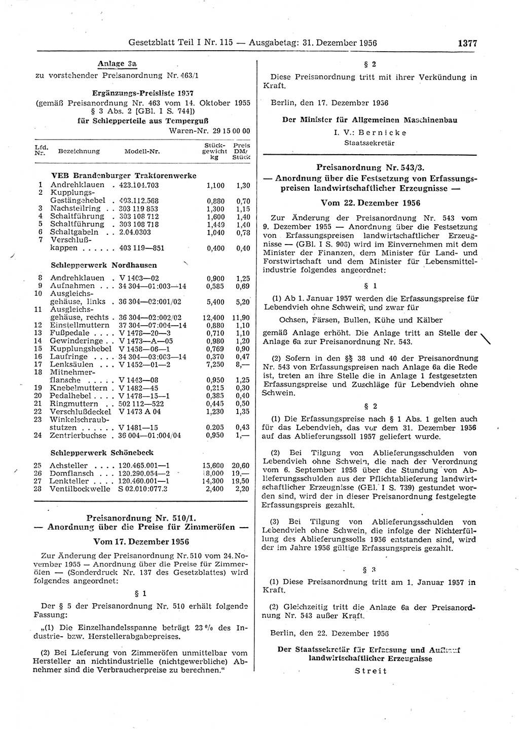 Gesetzblatt (GBl.) der Deutschen Demokratischen Republik (DDR) Teil Ⅰ 1956, Seite 1377 (GBl. DDR Ⅰ 1956, S. 1377)