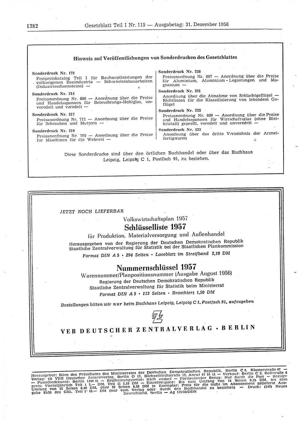 Gesetzblatt (GBl.) der Deutschen Demokratischen Republik (DDR) Teil Ⅰ 1956, Seite 1382 (GBl. DDR Ⅰ 1956, S. 1382)