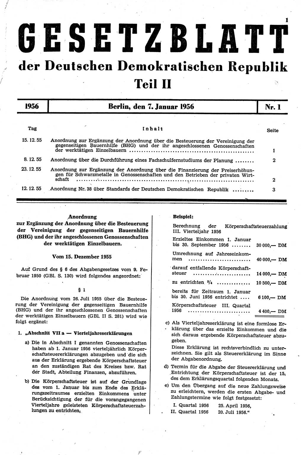 Gesetzblatt (GBl.) der Deutschen Demokratischen Republik (DDR) Teil ⅠⅠ 1956, Seite 1 (GBl. DDR ⅠⅠ 1956, S. 1)