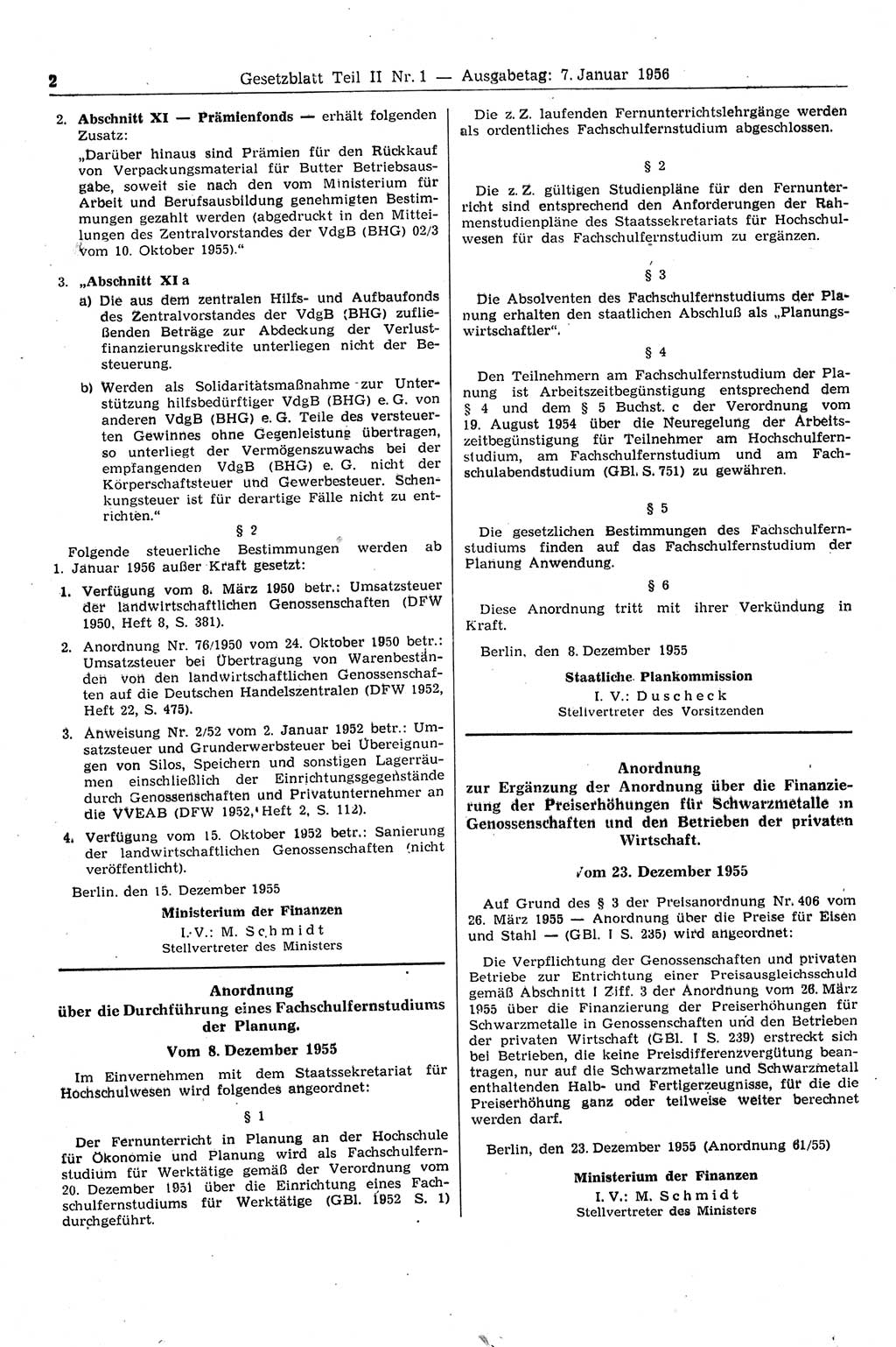 Gesetzblatt (GBl.) der Deutschen Demokratischen Republik (DDR) Teil ⅠⅠ 1956, Seite 2 (GBl. DDR ⅠⅠ 1956, S. 2)