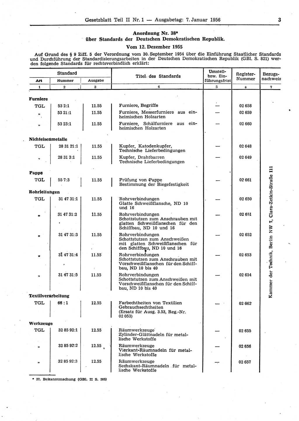 Gesetzblatt (GBl.) der Deutschen Demokratischen Republik (DDR) Teil ⅠⅠ 1956, Seite 3 (GBl. DDR ⅠⅠ 1956, S. 3)