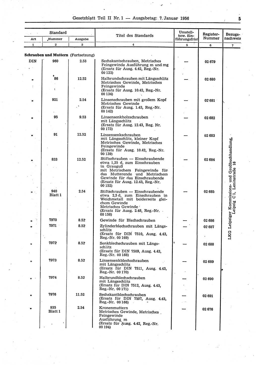 Gesetzblatt (GBl.) der Deutschen Demokratischen Republik (DDR) Teil ⅠⅠ 1956, Seite 5 (GBl. DDR ⅠⅠ 1956, S. 5)
