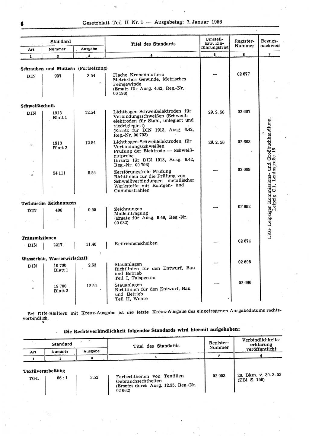 Gesetzblatt (GBl.) der Deutschen Demokratischen Republik (DDR) Teil ⅠⅠ 1956, Seite 6 (GBl. DDR ⅠⅠ 1956, S. 6)