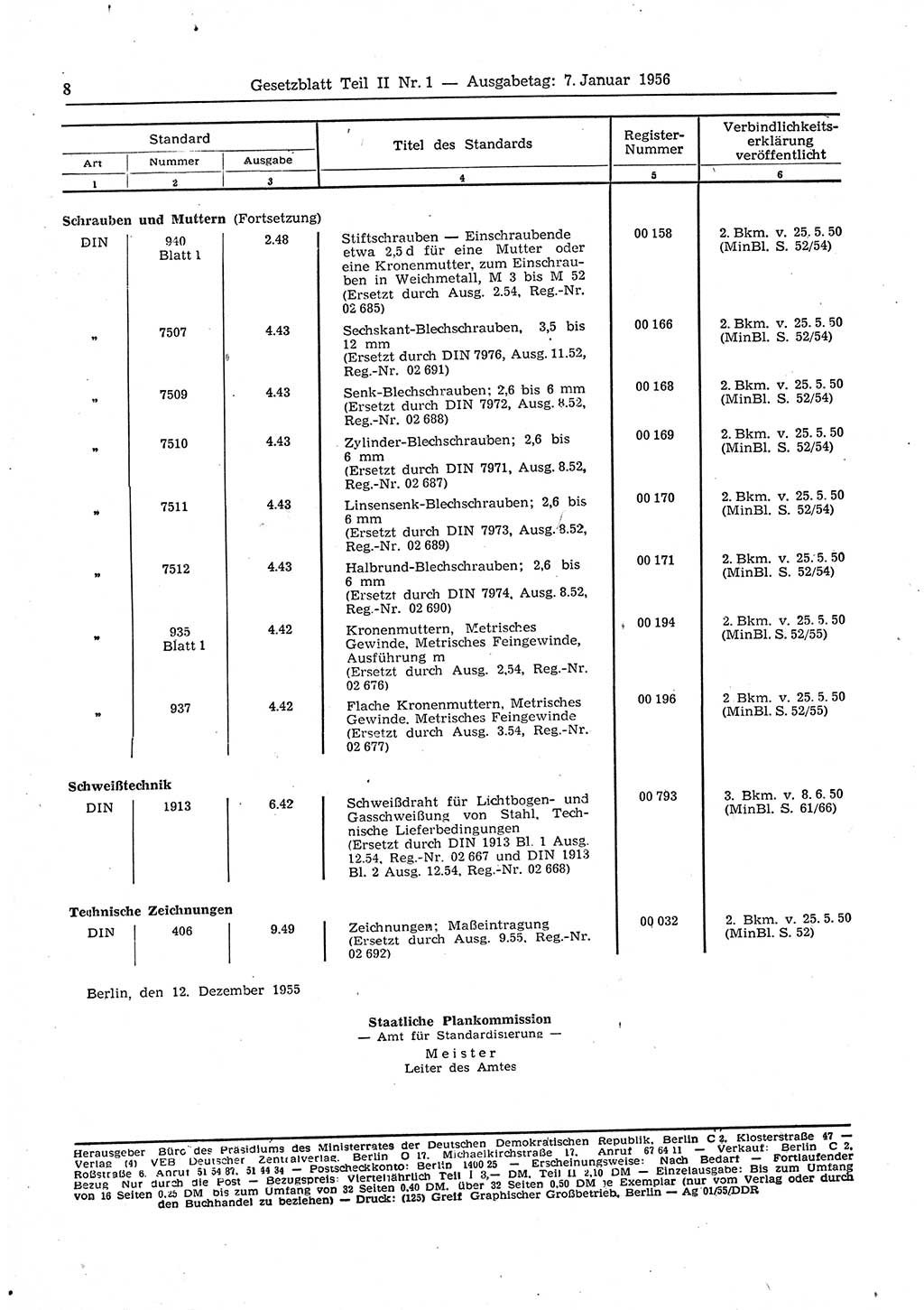 Gesetzblatt (GBl.) der Deutschen Demokratischen Republik (DDR) Teil ⅠⅠ 1956, Seite 8 (GBl. DDR ⅠⅠ 1956, S. 8)