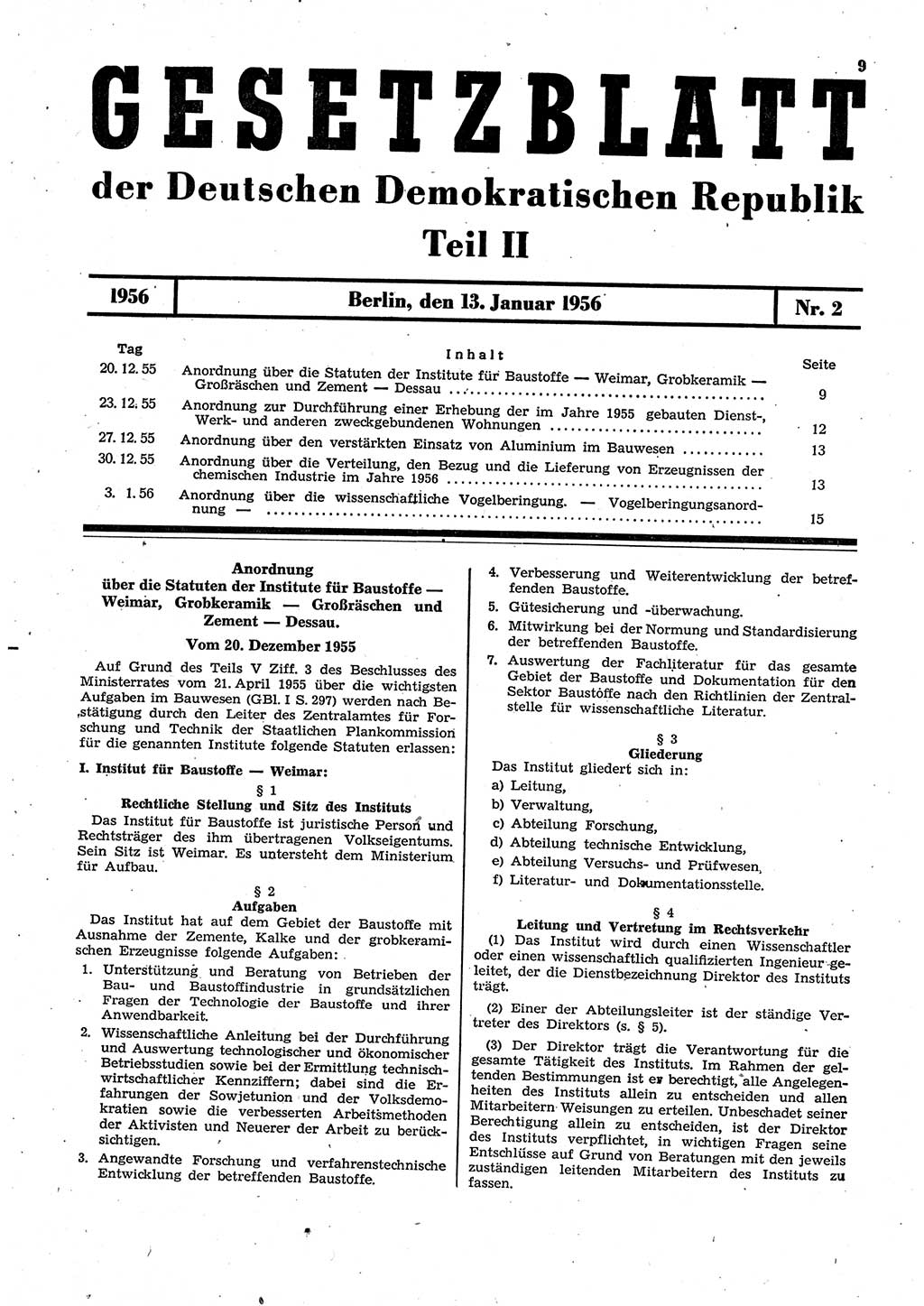 Gesetzblatt (GBl.) der Deutschen Demokratischen Republik (DDR) Teil ⅠⅠ 1956, Seite 9 (GBl. DDR ⅠⅠ 1956, S. 9)