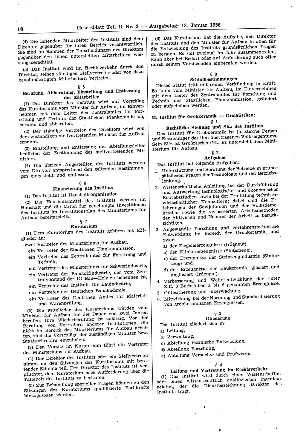 Gesetzblatt (GBl.) der Deutschen Demokratischen Republik (DDR) Teil ⅠⅠ 1956, Seite 10 (GBl. DDR ⅠⅠ 1956, S. 10)