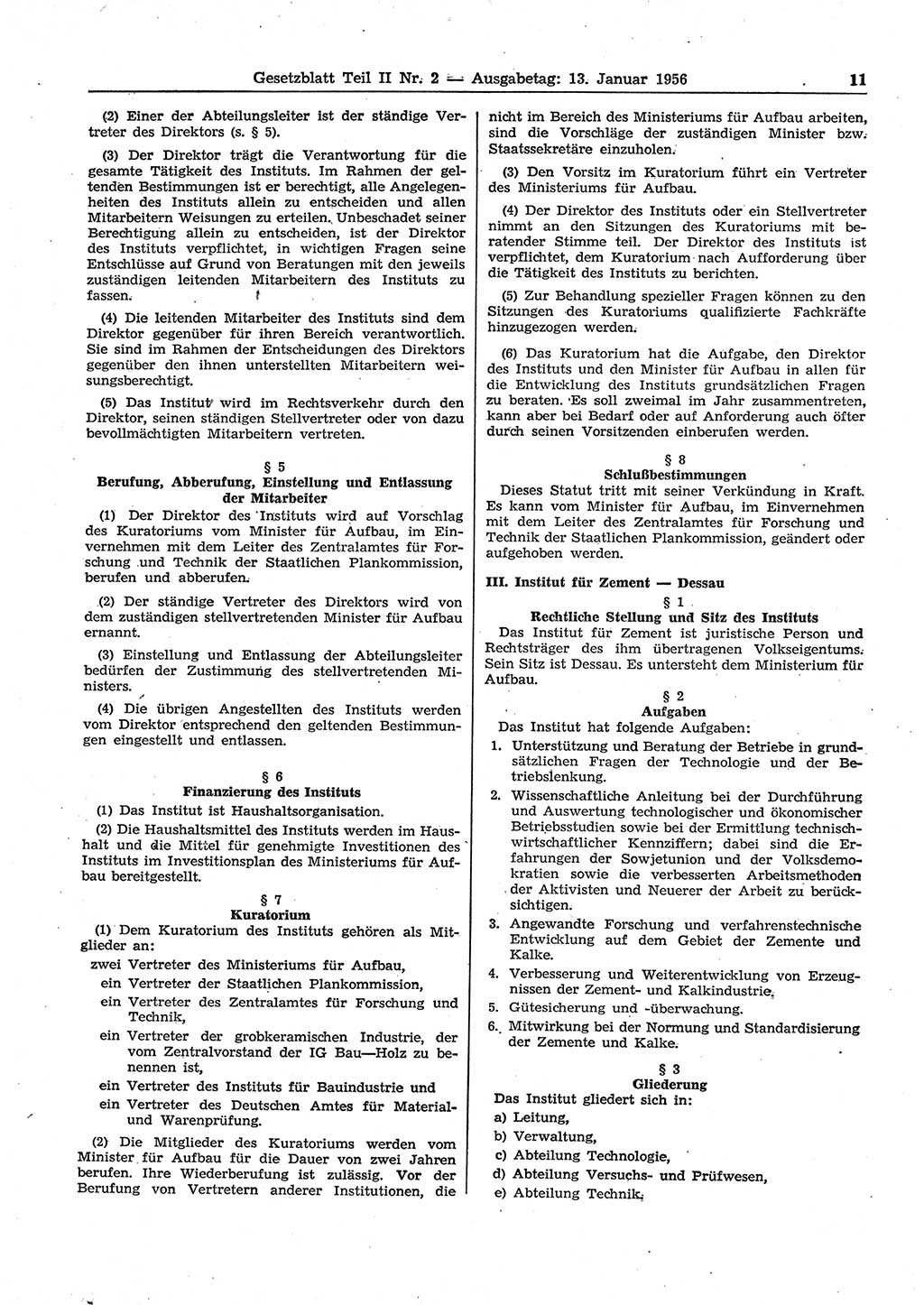 Gesetzblatt (GBl.) der Deutschen Demokratischen Republik (DDR) Teil ⅠⅠ 1956, Seite 11 (GBl. DDR ⅠⅠ 1956, S. 11)