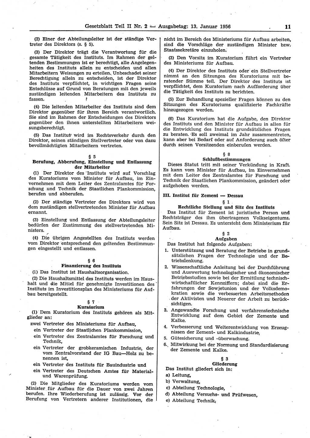 Gesetzblatt (GBl.) der Deutschen Demokratischen Republik (DDR) Teil ⅠⅠ 1956, Seite 11 (GBl. DDR ⅠⅠ 1956, S. 11)
