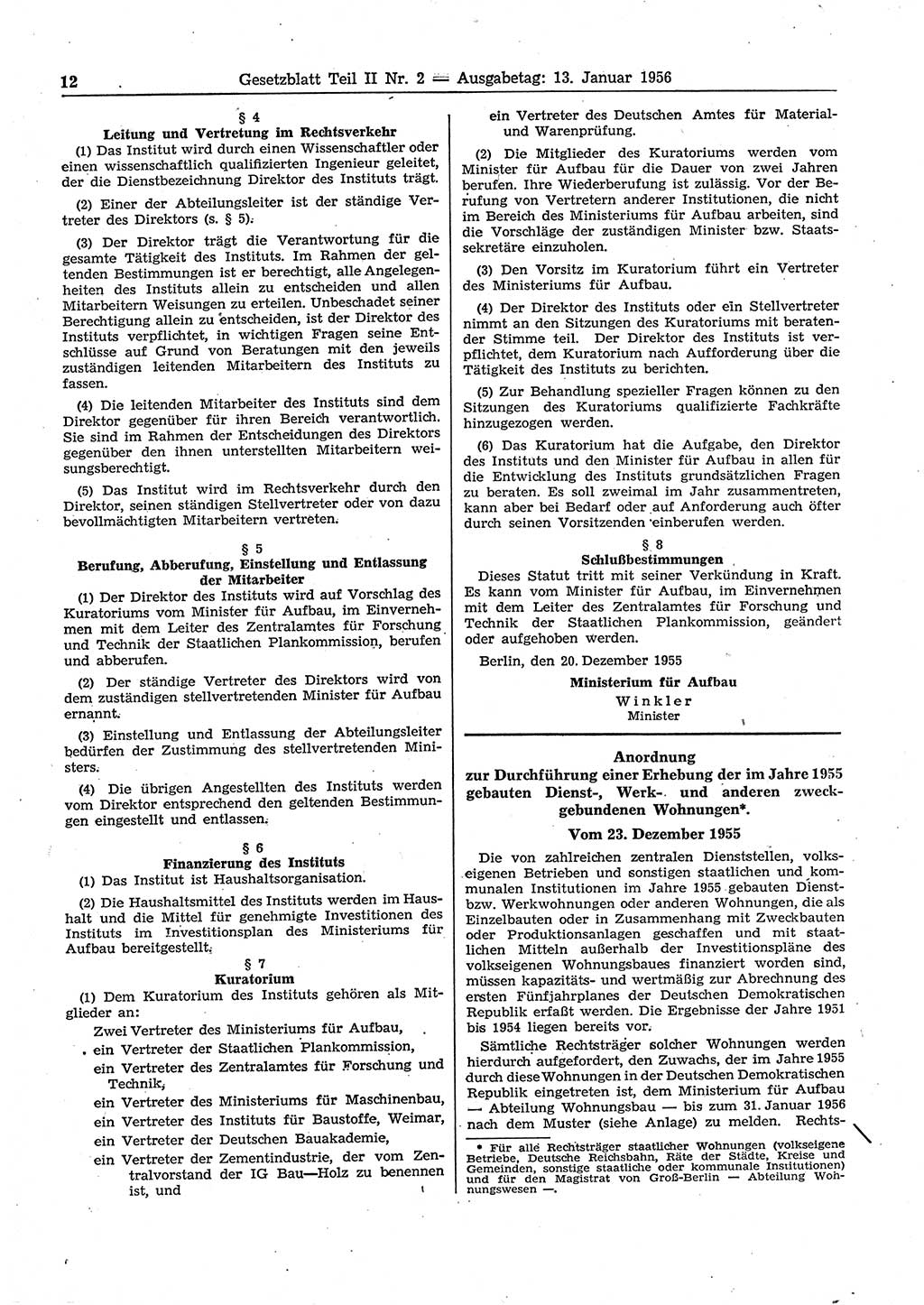 Gesetzblatt (GBl.) der Deutschen Demokratischen Republik (DDR) Teil ⅠⅠ 1956, Seite 12 (GBl. DDR ⅠⅠ 1956, S. 12)