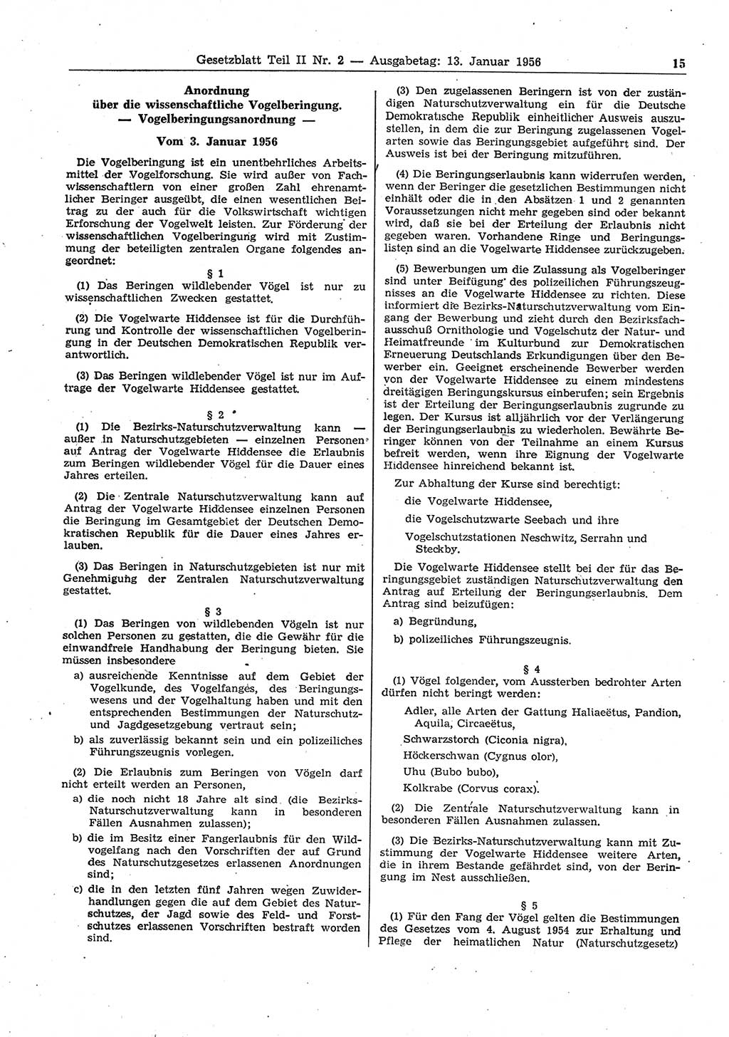 Gesetzblatt (GBl.) der Deutschen Demokratischen Republik (DDR) Teil ⅠⅠ 1956, Seite 15 (GBl. DDR ⅠⅠ 1956, S. 15)