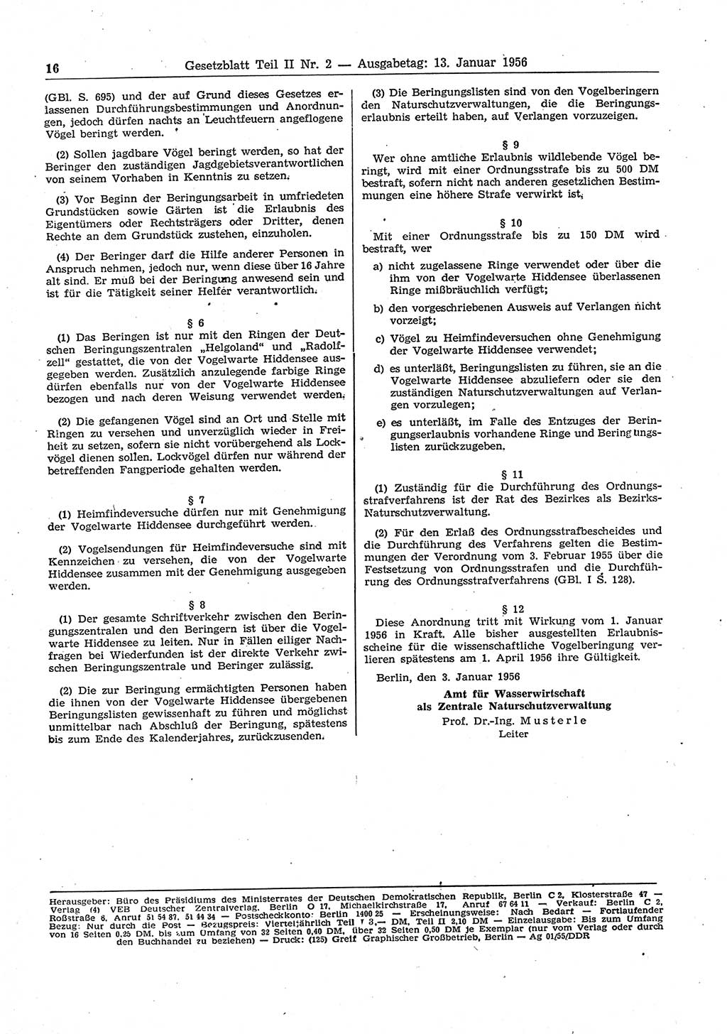 Gesetzblatt (GBl.) der Deutschen Demokratischen Republik (DDR) Teil ⅠⅠ 1956, Seite 16 (GBl. DDR ⅠⅠ 1956, S. 16)