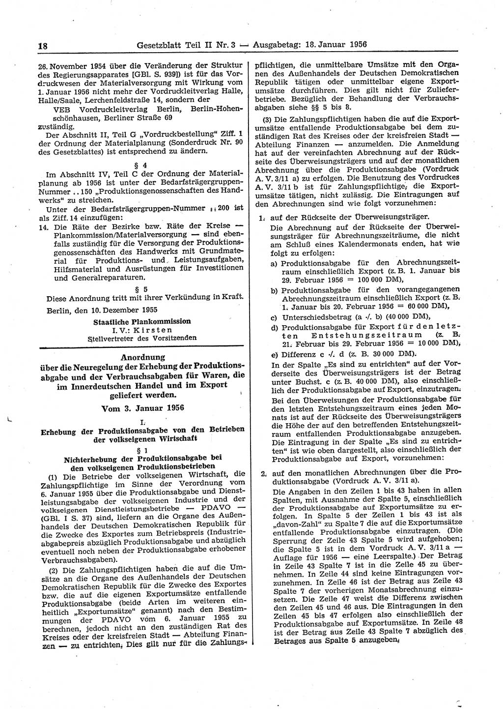Gesetzblatt (GBl.) der Deutschen Demokratischen Republik (DDR) Teil ⅠⅠ 1956, Seite 18 (GBl. DDR ⅠⅠ 1956, S. 18)