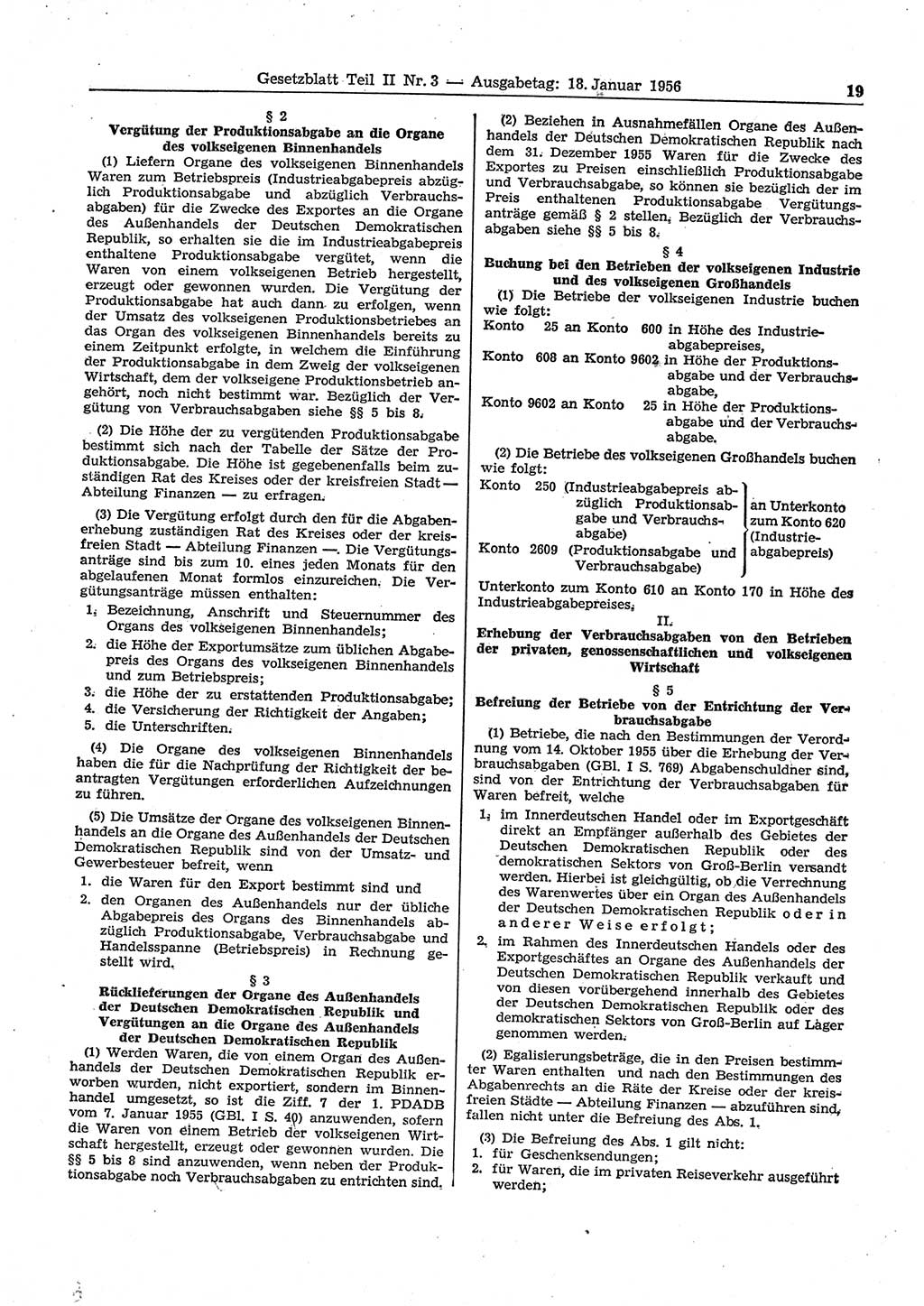 Gesetzblatt (GBl.) der Deutschen Demokratischen Republik (DDR) Teil ⅠⅠ 1956, Seite 19 (GBl. DDR ⅠⅠ 1956, S. 19)