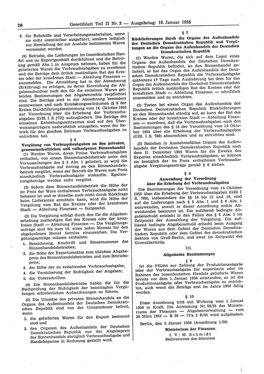 Gesetzblatt (GBl.) der Deutschen Demokratischen Republik (DDR) Teil ⅠⅠ 1956, Seite 20 (GBl. DDR ⅠⅠ 1956, S. 20)