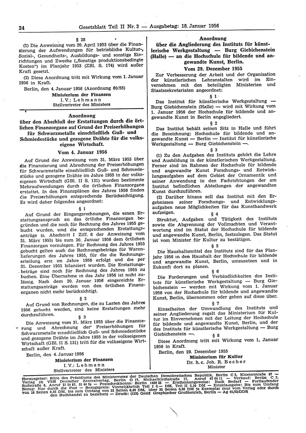Gesetzblatt (GBl.) der Deutschen Demokratischen Republik (DDR) Teil ⅠⅠ 1956, Seite 24 (GBl. DDR ⅠⅠ 1956, S. 24)