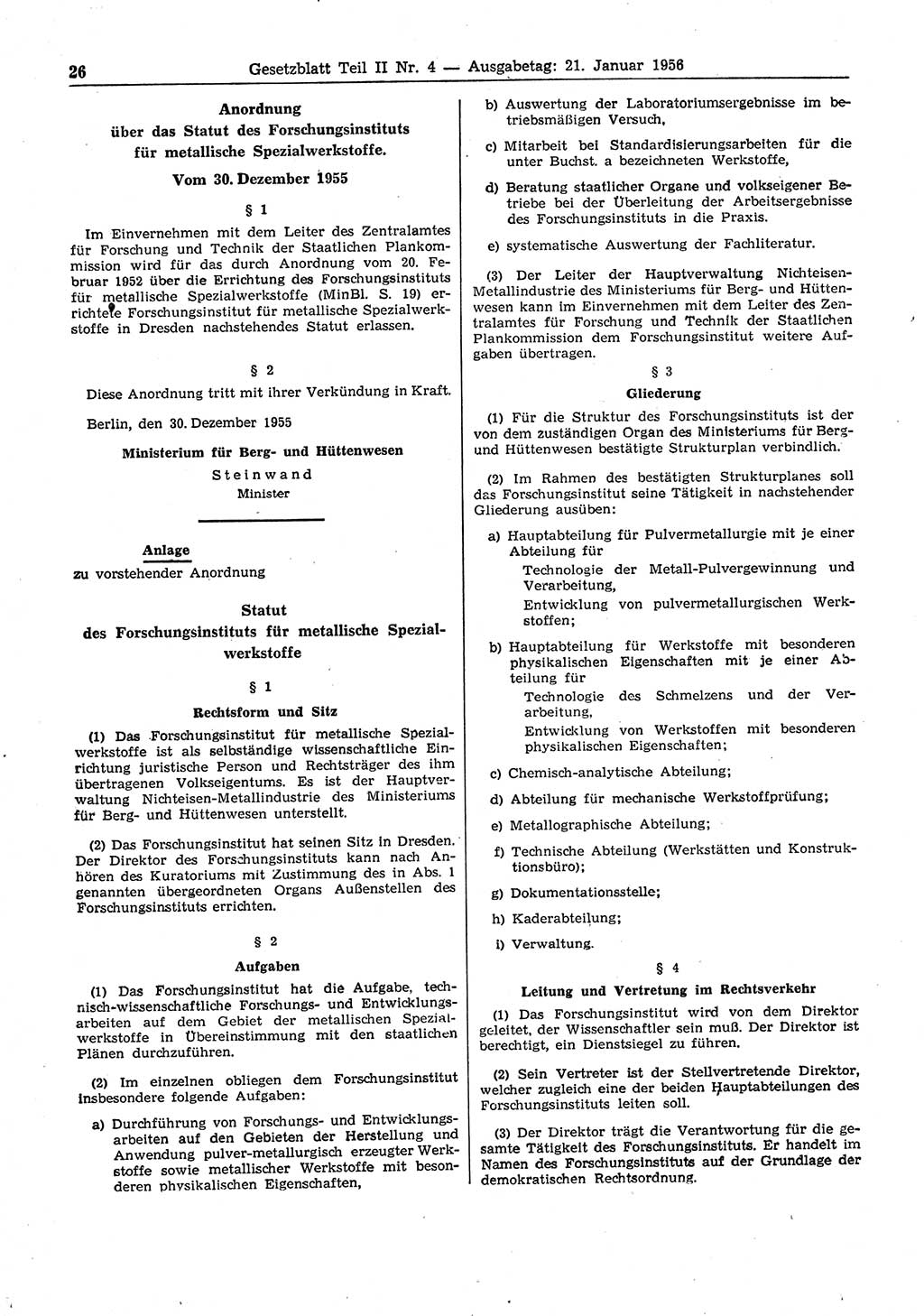 Gesetzblatt (GBl.) der Deutschen Demokratischen Republik (DDR) Teil ⅠⅠ 1956, Seite 26 (GBl. DDR ⅠⅠ 1956, S. 26)