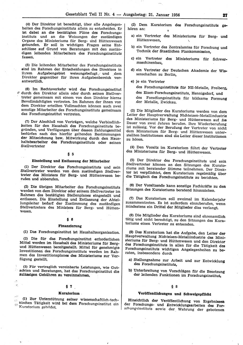 Gesetzblatt (GBl.) der Deutschen Demokratischen Republik (DDR) Teil ⅠⅠ 1956, Seite 27 (GBl. DDR ⅠⅠ 1956, S. 27)