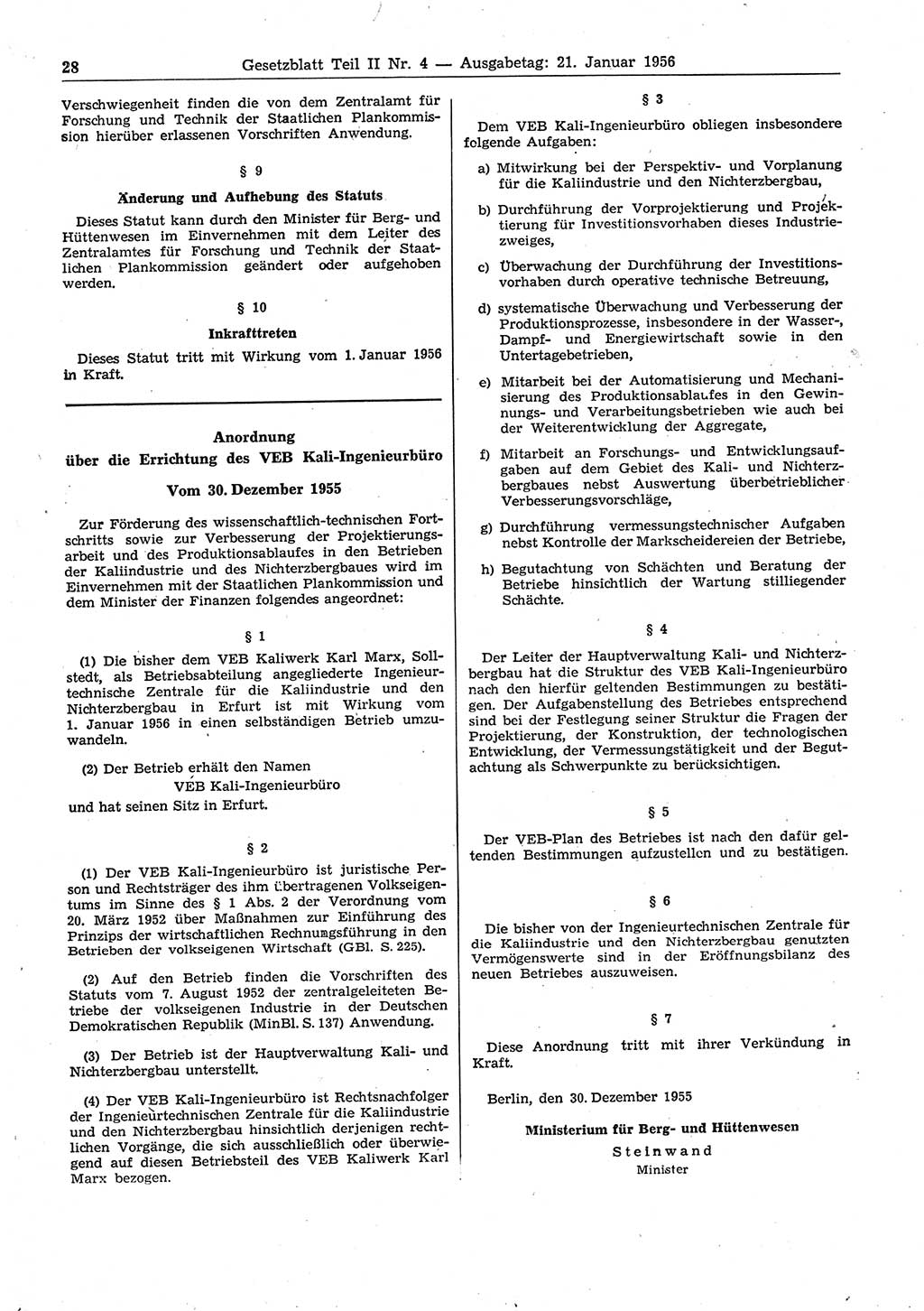 Gesetzblatt (GBl.) der Deutschen Demokratischen Republik (DDR) Teil ⅠⅠ 1956, Seite 28 (GBl. DDR ⅠⅠ 1956, S. 28)