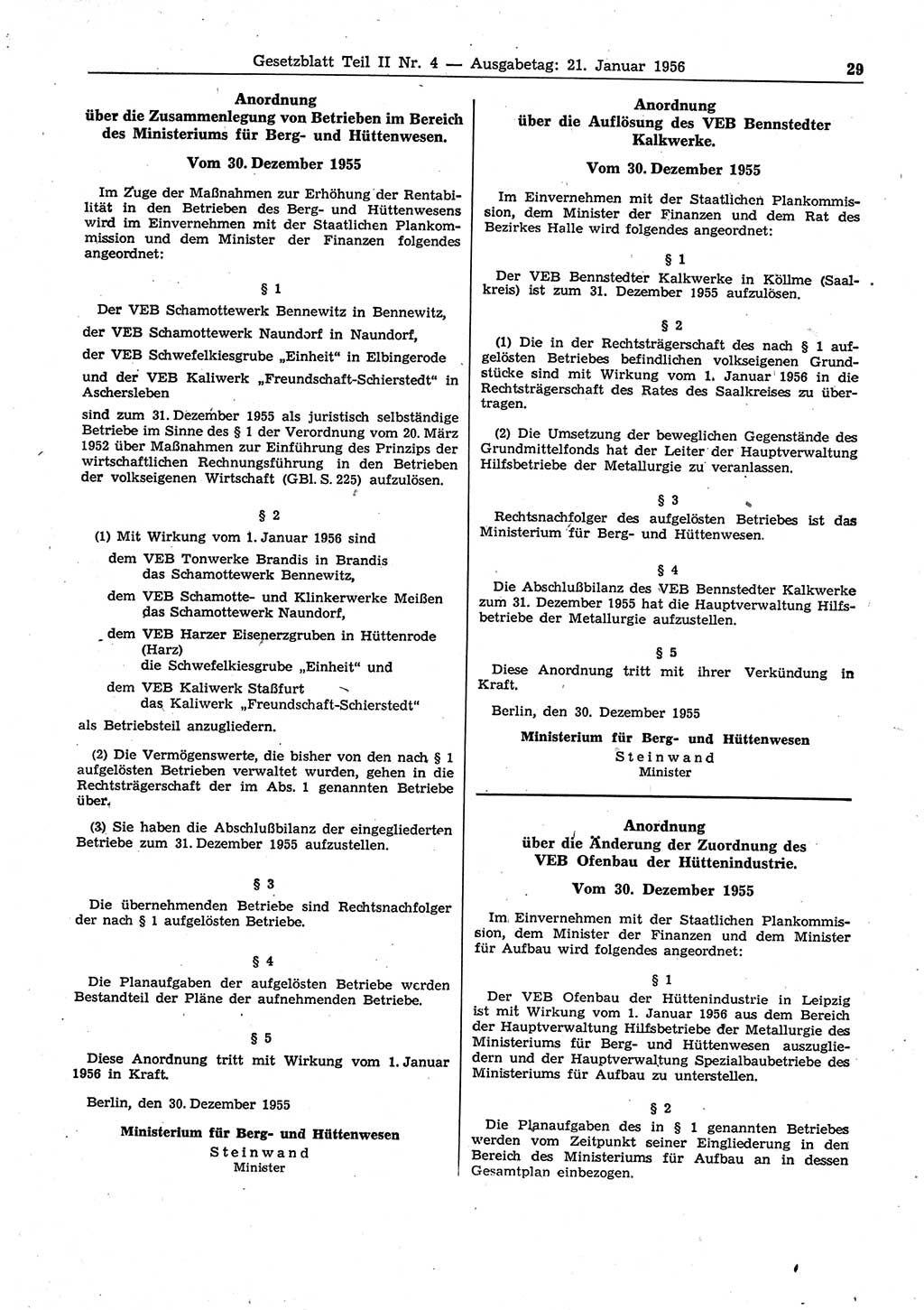 Gesetzblatt (GBl.) der Deutschen Demokratischen Republik (DDR) Teil ⅠⅠ 1956, Seite 29 (GBl. DDR ⅠⅠ 1956, S. 29)