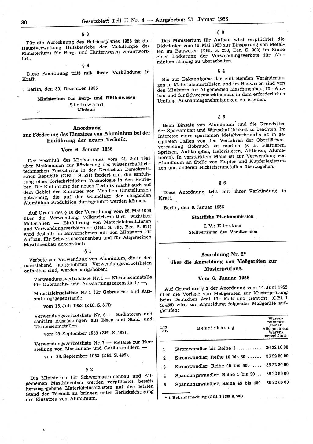 Gesetzblatt (GBl.) der Deutschen Demokratischen Republik (DDR) Teil ⅠⅠ 1956, Seite 30 (GBl. DDR ⅠⅠ 1956, S. 30)