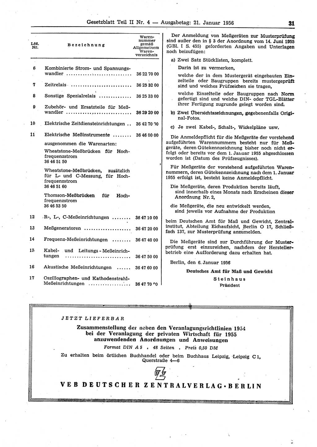 Gesetzblatt (GBl.) der Deutschen Demokratischen Republik (DDR) Teil ⅠⅠ 1956, Seite 31 (GBl. DDR ⅠⅠ 1956, S. 31)