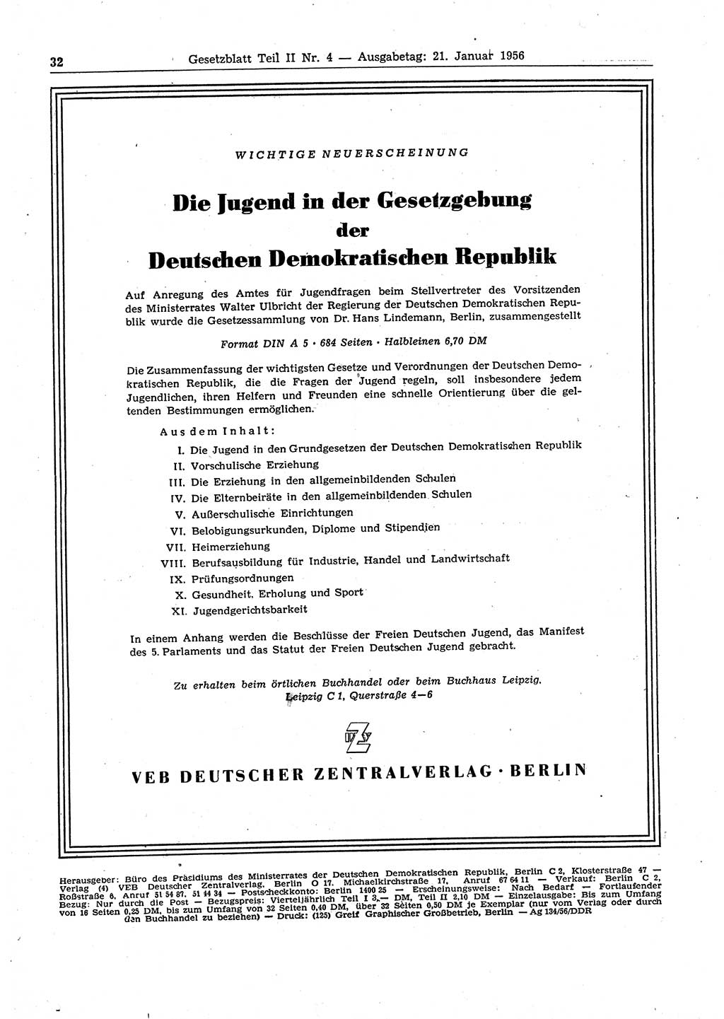 Gesetzblatt (GBl.) der Deutschen Demokratischen Republik (DDR) Teil ⅠⅠ 1956, Seite 32 (GBl. DDR ⅠⅠ 1956, S. 32)