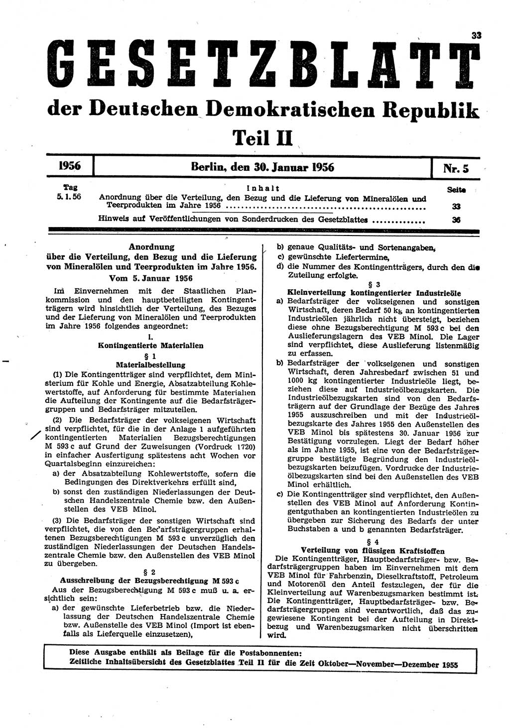 Gesetzblatt (GBl.) der Deutschen Demokratischen Republik (DDR) Teil ⅠⅠ 1956, Seite 33 (GBl. DDR ⅠⅠ 1956, S. 33)