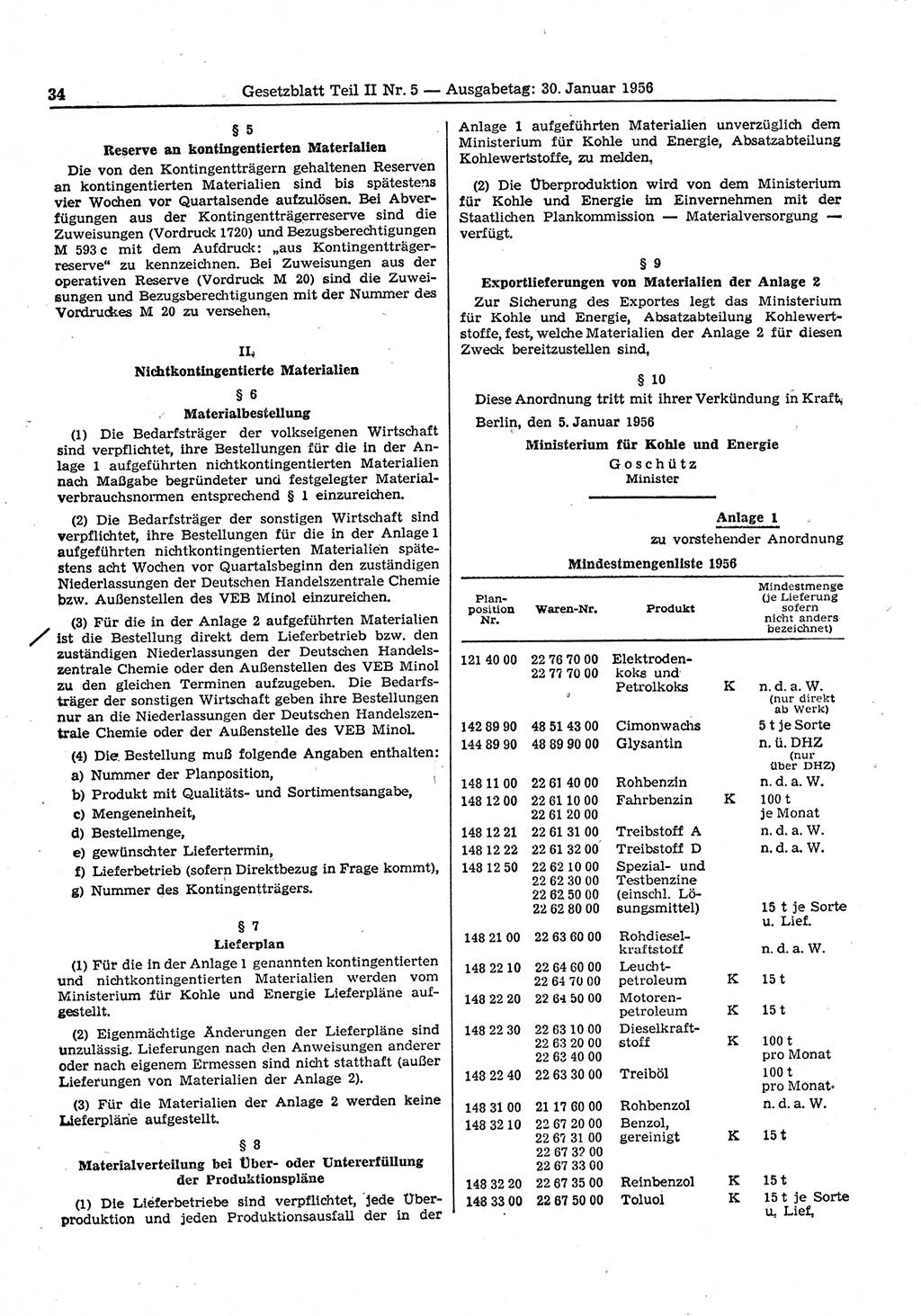 Gesetzblatt (GBl.) der Deutschen Demokratischen Republik (DDR) Teil ⅠⅠ 1956, Seite 34 (GBl. DDR ⅠⅠ 1956, S. 34)