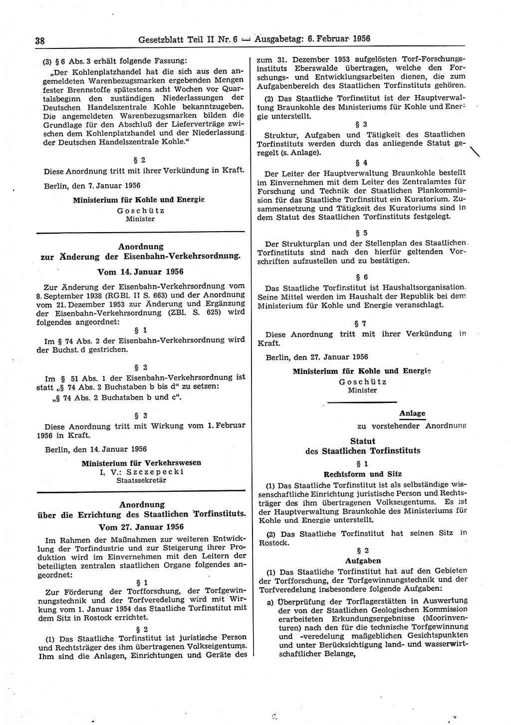 Gesetzblatt (GBl.) der Deutschen Demokratischen Republik (DDR) Teil ⅠⅠ 1956, Seite 38 (GBl. DDR ⅠⅠ 1956, S. 38)
