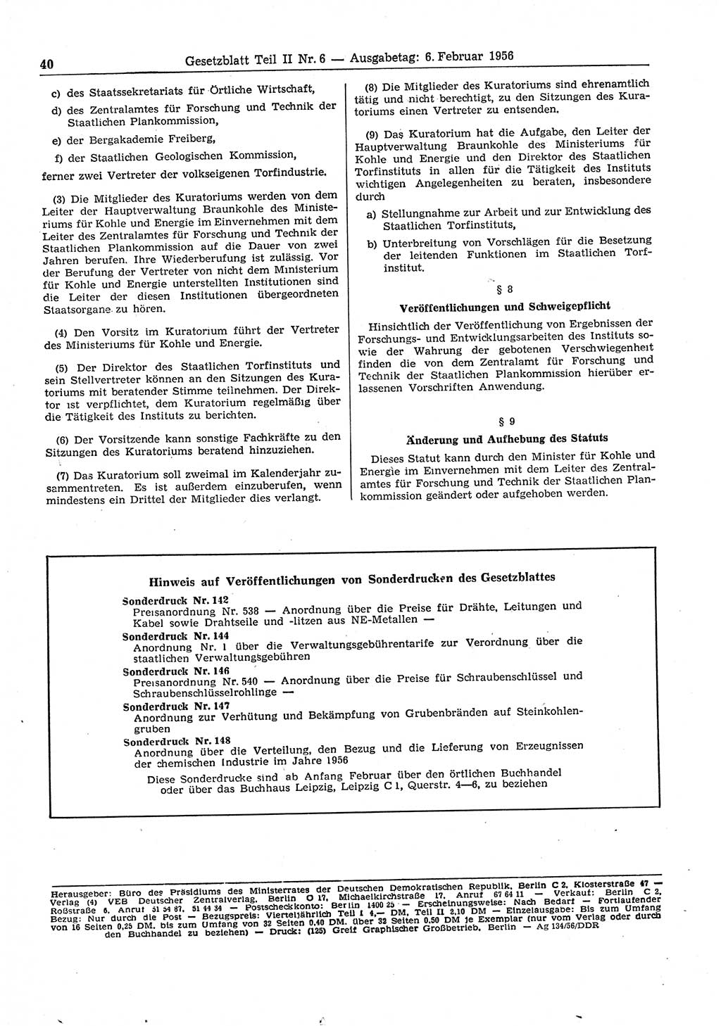 Gesetzblatt (GBl.) der Deutschen Demokratischen Republik (DDR) Teil ⅠⅠ 1956, Seite 40 (GBl. DDR ⅠⅠ 1956, S. 40)