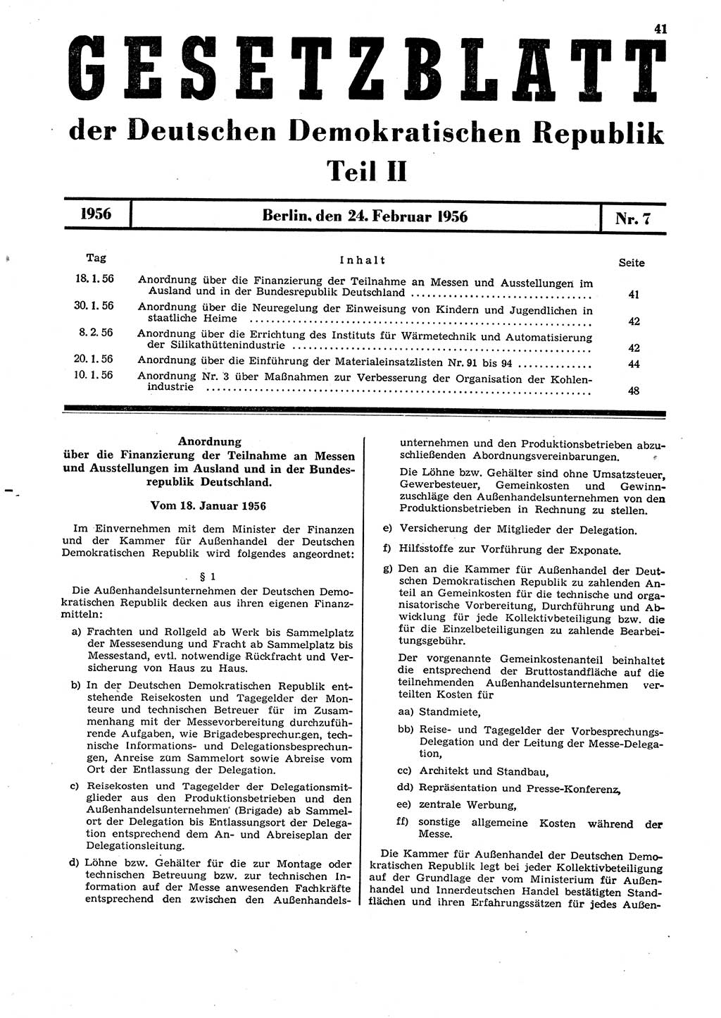 Gesetzblatt (GBl.) der Deutschen Demokratischen Republik (DDR) Teil ⅠⅠ 1956, Seite 41 (GBl. DDR ⅠⅠ 1956, S. 41)