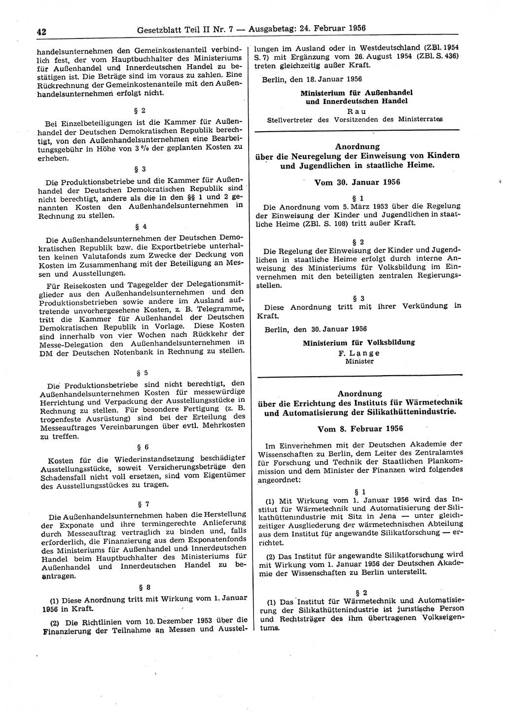 Gesetzblatt (GBl.) der Deutschen Demokratischen Republik (DDR) Teil ⅠⅠ 1956, Seite 42 (GBl. DDR ⅠⅠ 1956, S. 42)