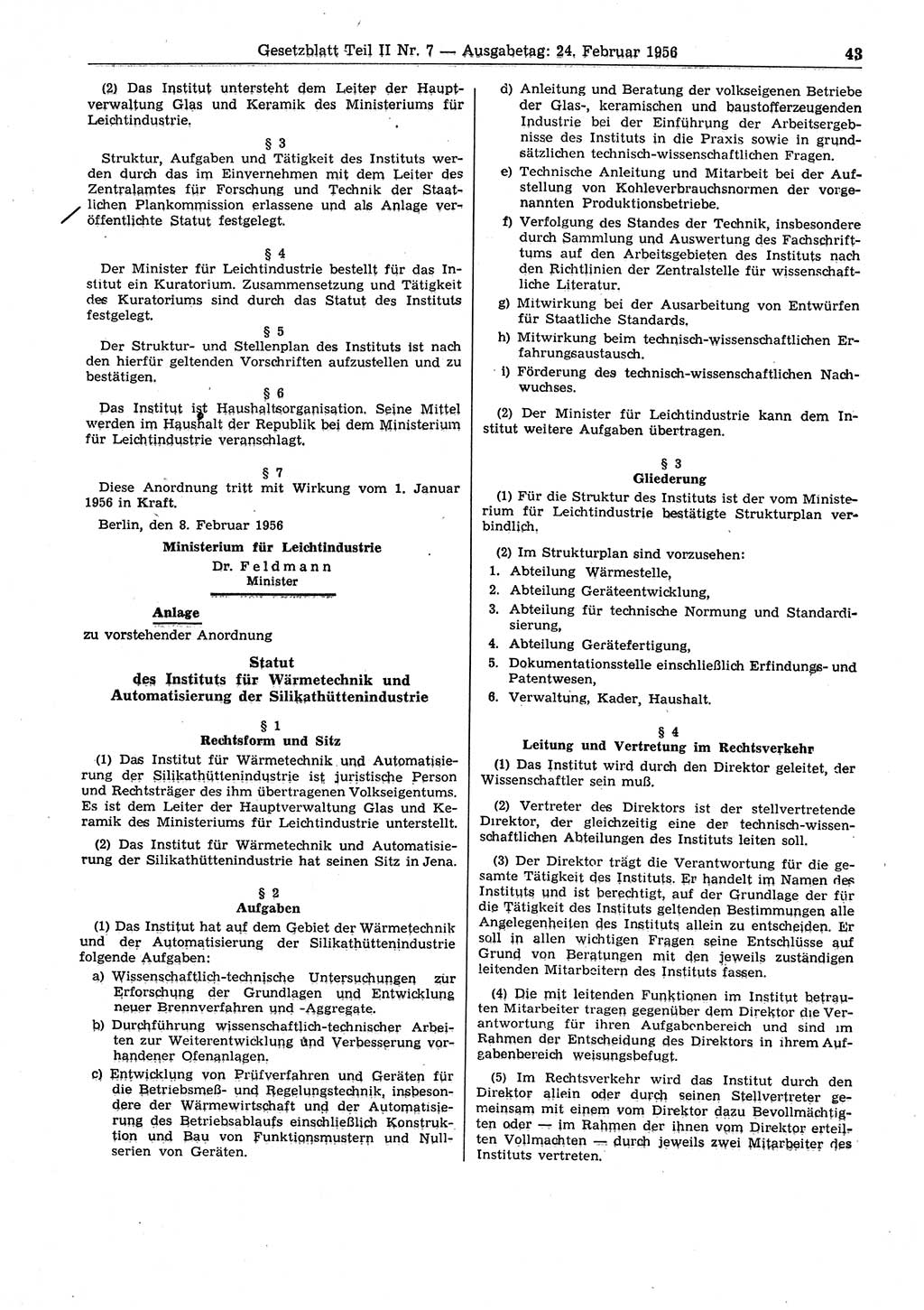 Gesetzblatt (GBl.) der Deutschen Demokratischen Republik (DDR) Teil ⅠⅠ 1956, Seite 43 (GBl. DDR ⅠⅠ 1956, S. 43)