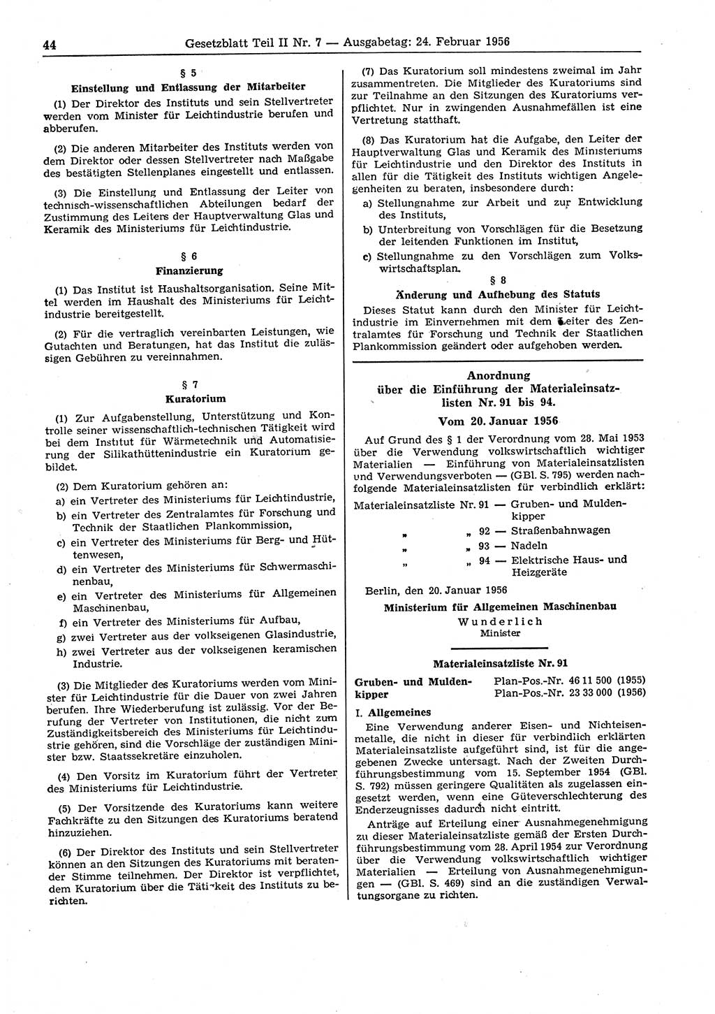 Gesetzblatt (GBl.) der Deutschen Demokratischen Republik (DDR) Teil ⅠⅠ 1956, Seite 44 (GBl. DDR ⅠⅠ 1956, S. 44)
