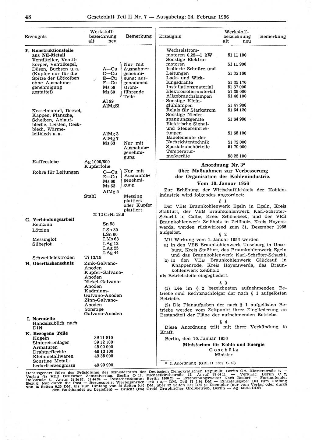 Gesetzblatt (GBl.) der Deutschen Demokratischen Republik (DDR) Teil ⅠⅠ 1956, Seite 48 (GBl. DDR ⅠⅠ 1956, S. 48)