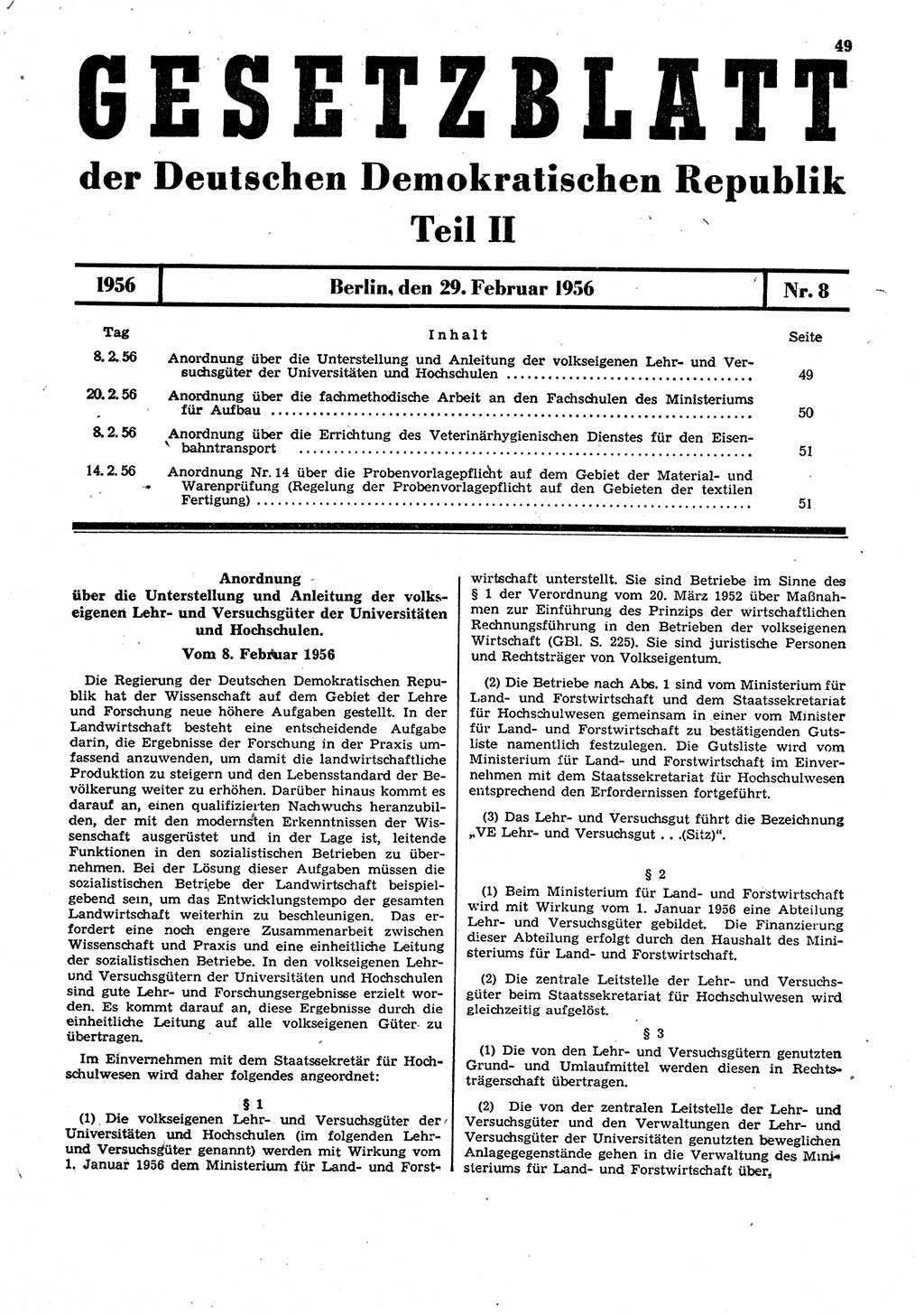 Gesetzblatt (GBl.) der Deutschen Demokratischen Republik (DDR) Teil ⅠⅠ 1956, Seite 49 (GBl. DDR ⅠⅠ 1956, S. 49)