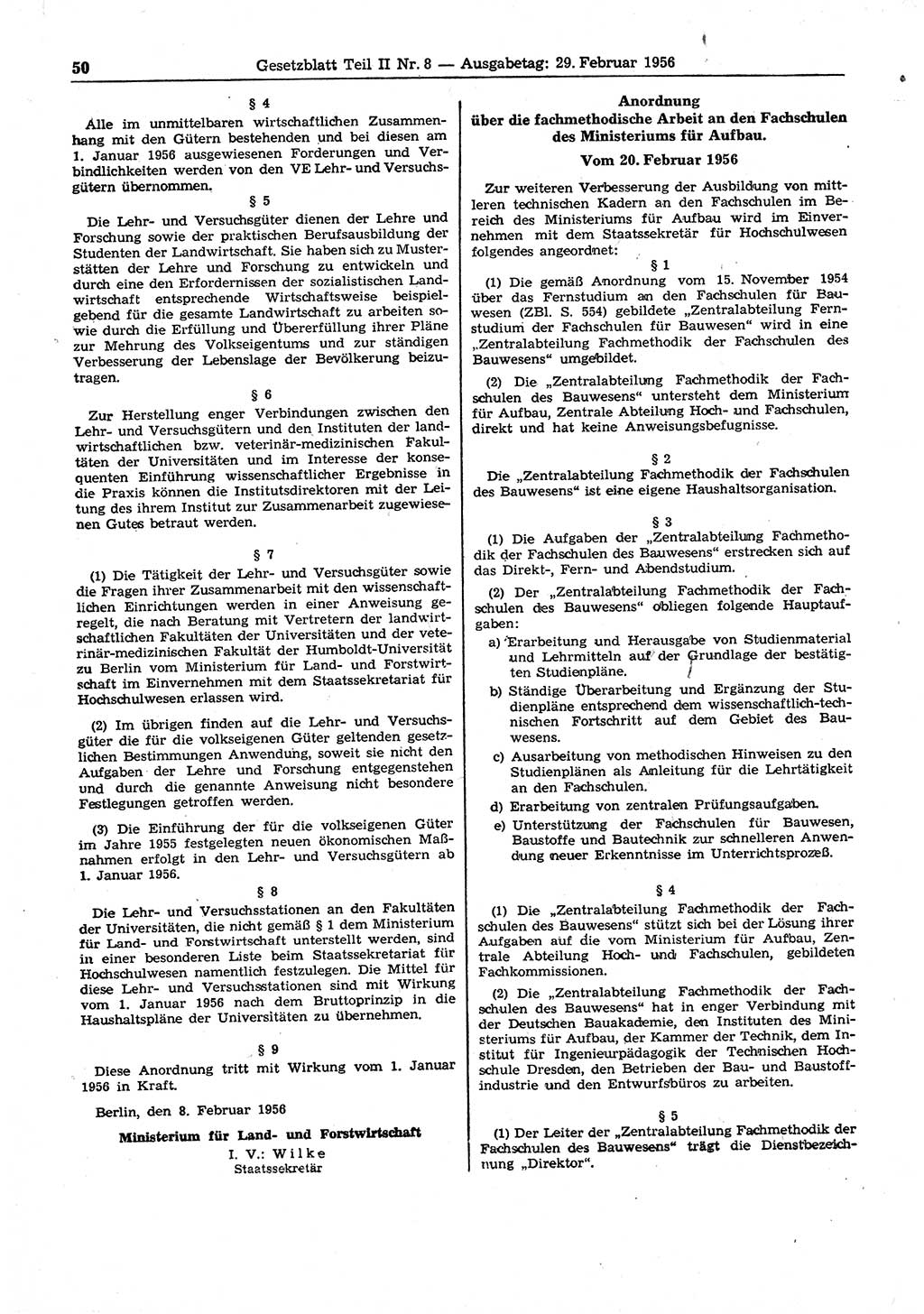 Gesetzblatt (GBl.) der Deutschen Demokratischen Republik (DDR) Teil ⅠⅠ 1956, Seite 50 (GBl. DDR ⅠⅠ 1956, S. 50)